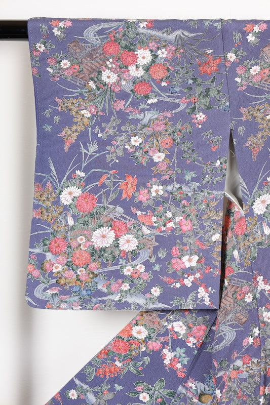 Komon (Japan used kimono silk fabric) - Blue-purple, gray, red, purple, indigo, brown - floral pattern,  Kyo-Yuzen (Kyoto-style dyeing) - R195
