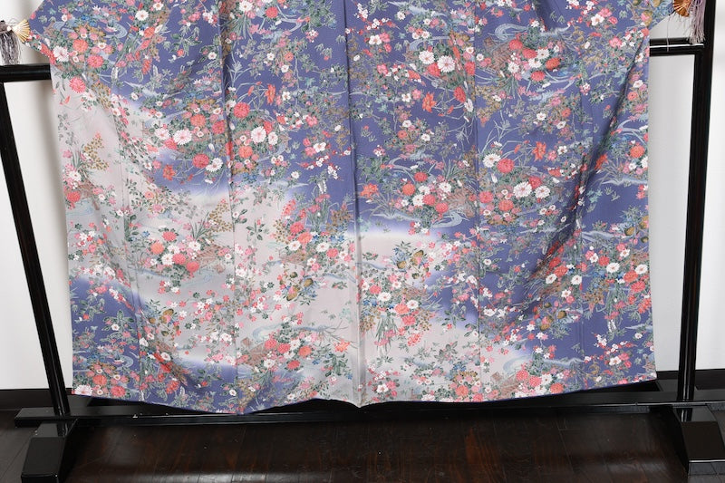 Komon (Japan used kimono silk fabric) - Blue-purple, gray, red, purple, indigo, brown - floral pattern,  Kyo-Yuzen (Kyoto-style dyeing) - R195