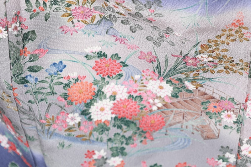 Komon (Japan used kimono silk fabric) - Blue-purple, gray, red, purple, indigo, brown - floral pattern,  Kyo-Yuzen (Kyoto-style dyeing) - R195