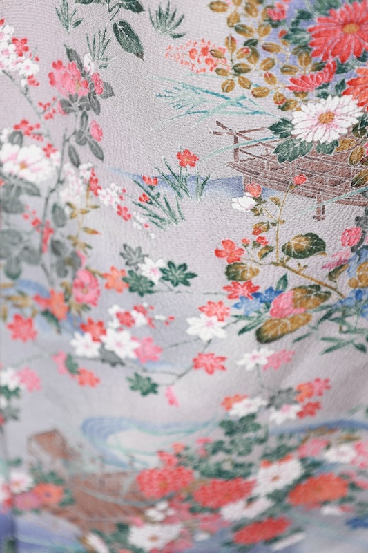 Komon (Japan used kimono silk fabric) - Blue-purple, gray, red, purple, indigo, brown - floral pattern,  Kyo-Yuzen (Kyoto-style dyeing) - R195