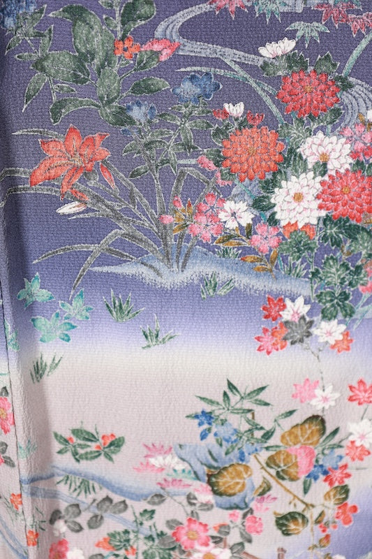 Komon (Japan used kimono silk fabric) - Blue-purple, gray, red, purple, indigo, brown - floral pattern,  Kyo-Yuzen (Kyoto-style dyeing) - R195