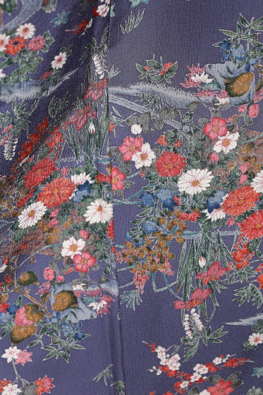 Komon (Japan used kimono silk fabric) - Blue-purple, gray, red, purple, indigo, brown - floral pattern,  Kyo-Yuzen (Kyoto-style dyeing) - R195