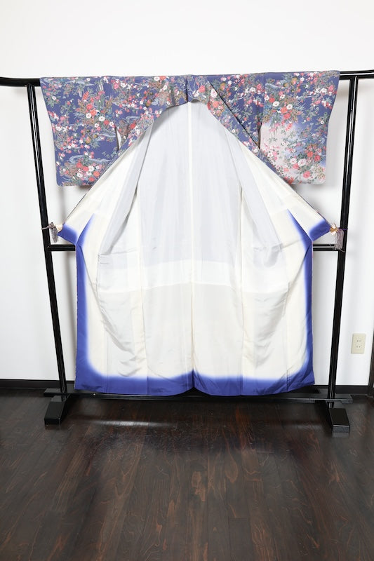 Komon (Japan used kimono silk fabric) - Blue-purple, gray, red, purple, indigo, brown - floral pattern,  Kyo-Yuzen (Kyoto-style dyeing) - R195