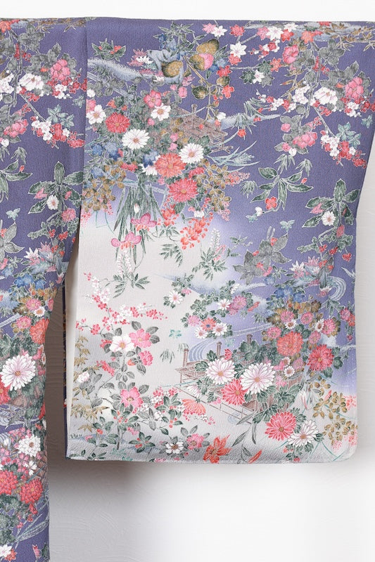 Komon (Japan used kimono silk fabric) - Blue-purple, gray, red, purple, indigo, brown - floral pattern,  Kyo-Yuzen (Kyoto-style dyeing) - R195