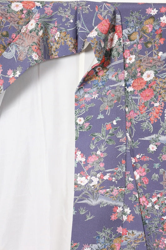 Komon (Japan used kimono silk fabric) - Blue-purple, gray, red, purple, indigo, brown - floral pattern,  Kyo-Yuzen (Kyoto-style dyeing) - R195