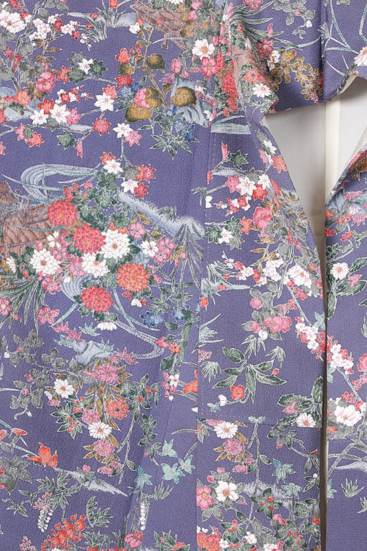 Komon (Japan used kimono silk fabric) - Blue-purple, gray, red, purple, indigo, brown - floral pattern,  Kyo-Yuzen (Kyoto-style dyeing) - R195