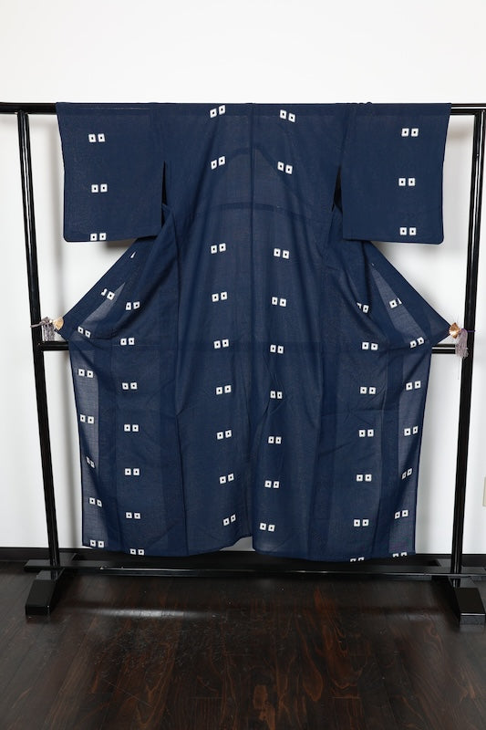 Summer Komon (Japan used kimono fabric), Monsha (patterned gauze), Nishijin weave, indigo, white, four-eyed pattern, silver threads, R196