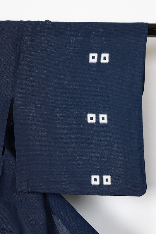 Summer Komon (Japan used kimono fabric), Monsha (patterned gauze), Nishijin weave, indigo, white, four-eyed pattern, silver threads, R196
