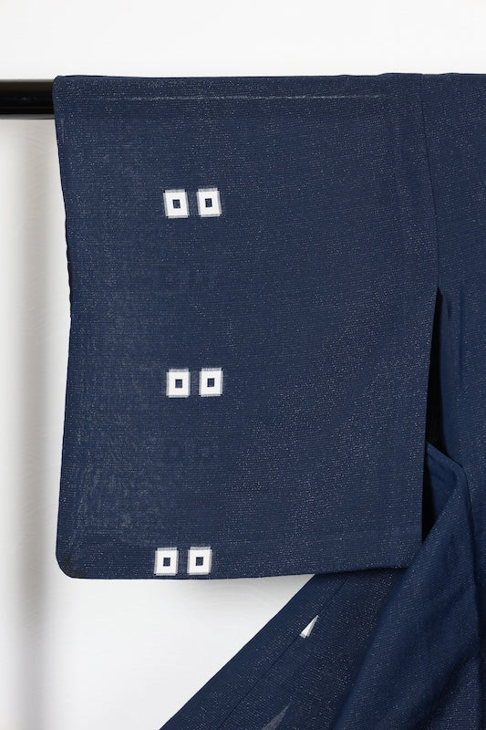 Summer Komon (Japan used kimono fabric), Monsha (patterned gauze), Nishijin weave, indigo, white, four-eyed pattern, silver threads, R196