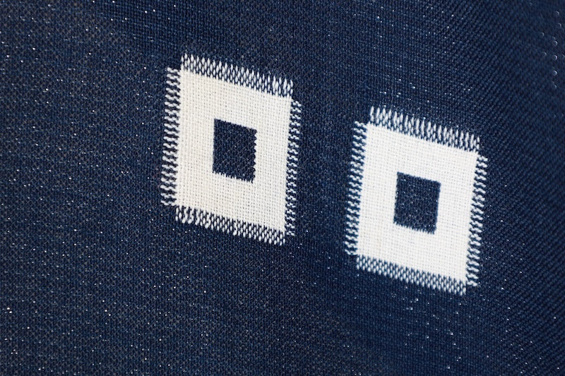 Summer Komon (Japan used kimono fabric), Monsha (patterned gauze), Nishijin weave, indigo, white, four-eyed pattern, silver threads, R196