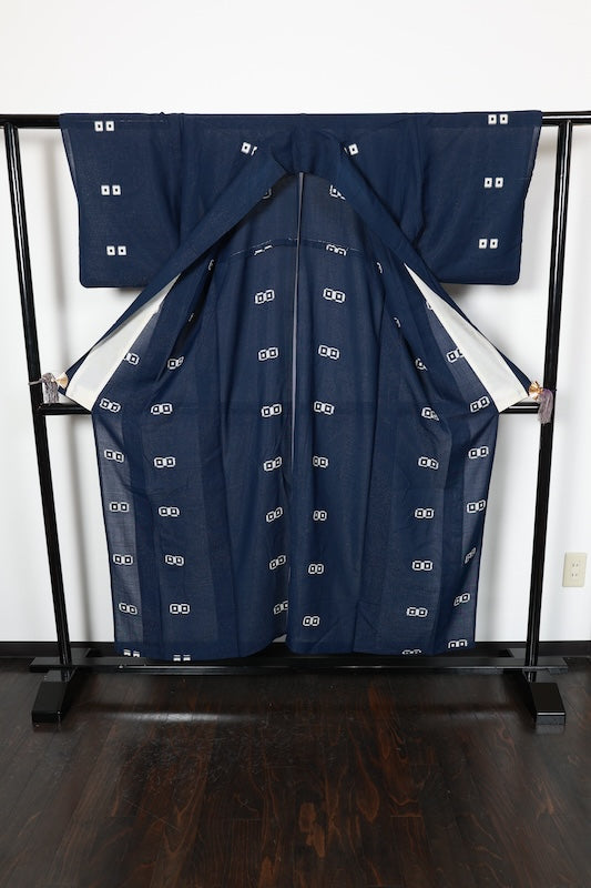Summer Komon (Japan used kimono fabric), Monsha (patterned gauze), Nishijin weave, indigo, white, four-eyed pattern, silver threads, R196