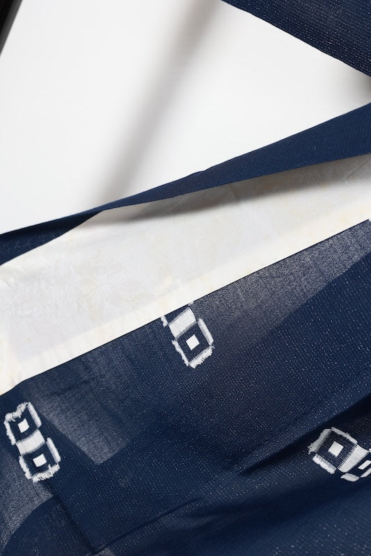 Summer Komon (Japan used kimono fabric), Monsha (patterned gauze), Nishijin weave, indigo, white, four-eyed pattern, silver threads, R196