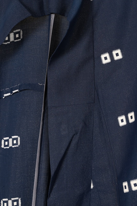 Summer Komon (Japan used kimono fabric), Monsha (patterned gauze), Nishijin weave, indigo, white, four-eyed pattern, silver threads, R196