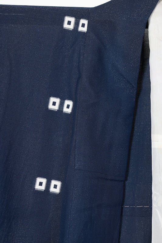 Summer Komon (Japan used kimono fabric), Monsha (patterned gauze), Nishijin weave, indigo, white, four-eyed pattern, silver threads, R196