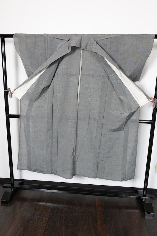 Tsumugi(Japan used kimono silk fabric), shades of gray, pampas grass pattern, R180
