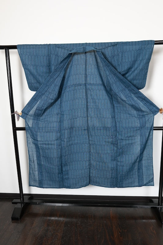 Summer used kimono, indigo blue, geometric pattern, R191