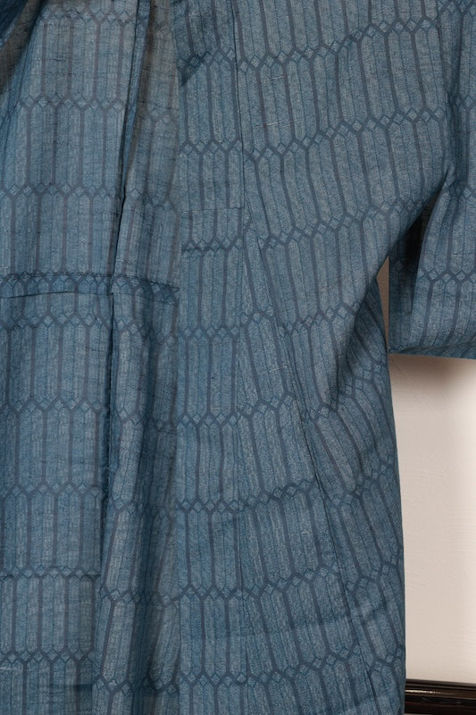 Summer used kimono, indigo blue, geometric pattern, R191