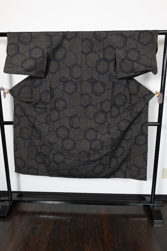 Tsumugi(Japan used kimono silk fabric), indigo, brown,  handwoven, R178