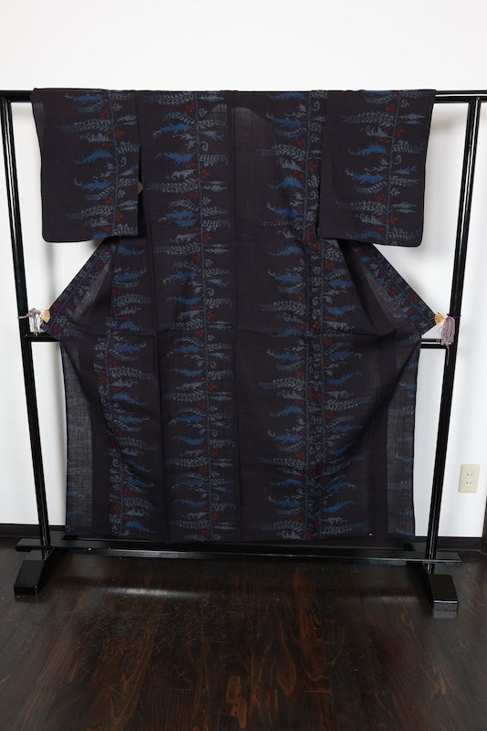 Tsumugi silk(used kimono) fabric, shades of indigo, gray, red, abstract pattern, handwoven, R182