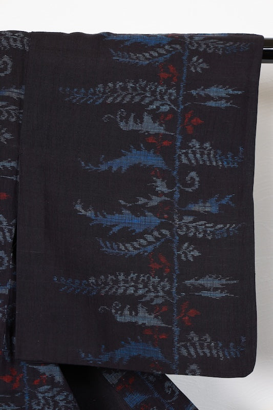 Tsumugi silk(used kimono) fabric, shades of indigo, gray, red, abstract pattern, handwoven, R182