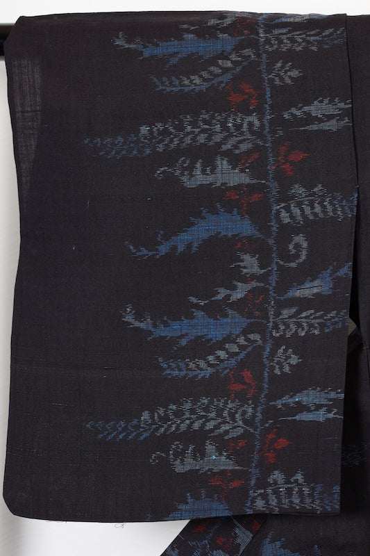 Tsumugi silk(used kimono) fabric, shades of indigo, gray, red, abstract pattern, handwoven, R182