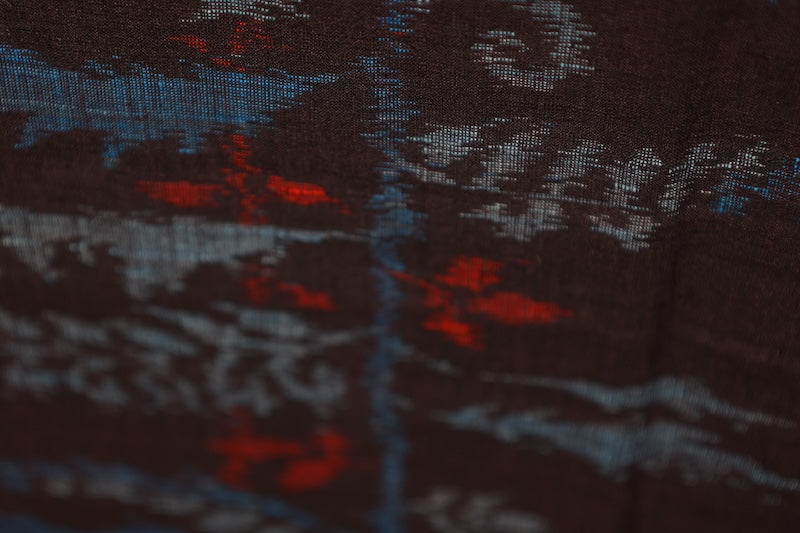 Tsumugi silk(used kimono) fabric, shades of indigo, gray, red, abstract pattern, handwoven, R182