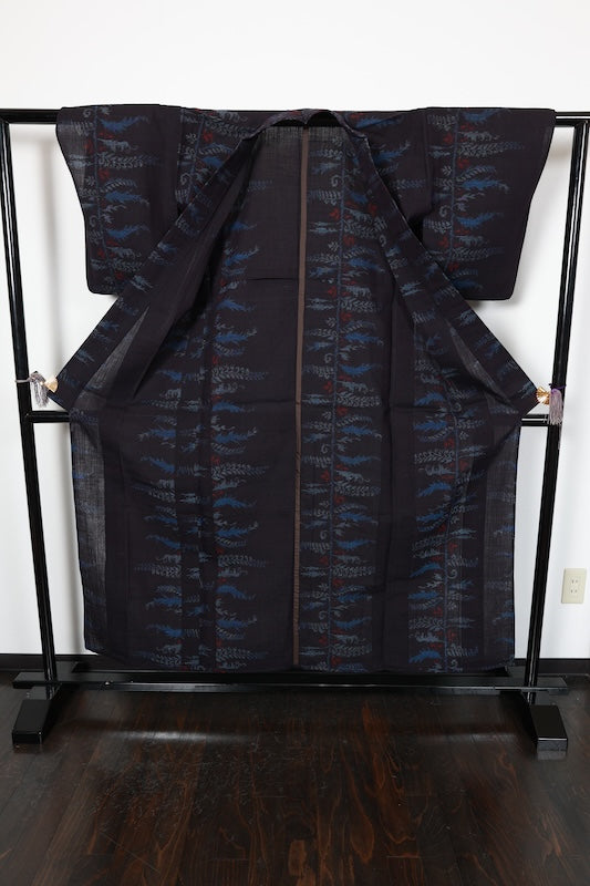 Tsumugi silk(used kimono) fabric, shades of indigo, gray, red, abstract pattern, handwoven, R182