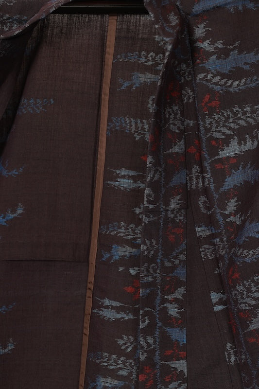 Tsumugi silk(used kimono) fabric, shades of indigo, gray, red, abstract pattern, handwoven, R182