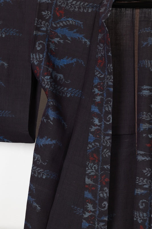 Tsumugi silk(used kimono) fabric, shades of indigo, gray, red, abstract pattern, handwoven, R182