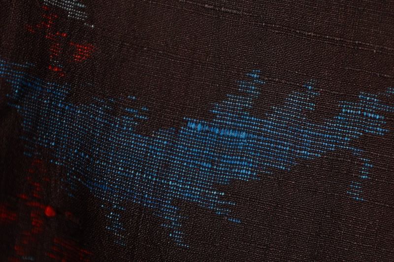 Tsumugi silk(used kimono) fabric, shades of indigo, gray, red, abstract pattern, handwoven, R182