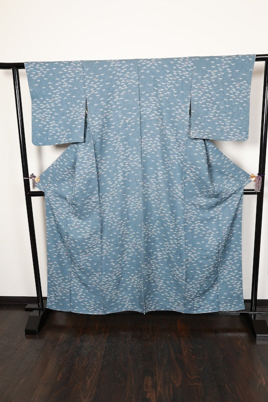 Komon (Japan used kimono) - Navy blue, wisteria, gray, purple, brick, bird pattern. R203