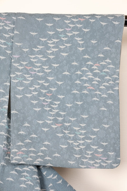 Komon (Japan used kimono) - Navy blue, wisteria, gray, purple, brick, bird pattern. R203
