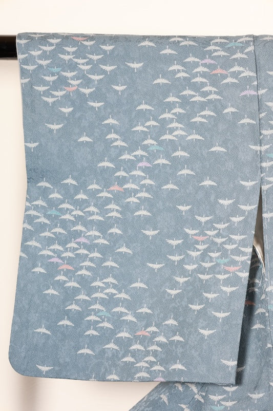 Komon (Japan used kimono) - Navy blue, wisteria, gray, purple, brick, bird pattern. R203