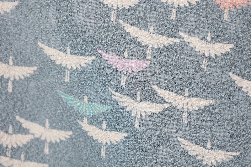 Komon (Japan used kimono) - Navy blue, wisteria, gray, purple, brick, bird pattern. R203