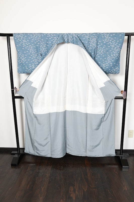 Komon (Japan used kimono) - Navy blue, wisteria, gray, purple, brick, bird pattern. R203