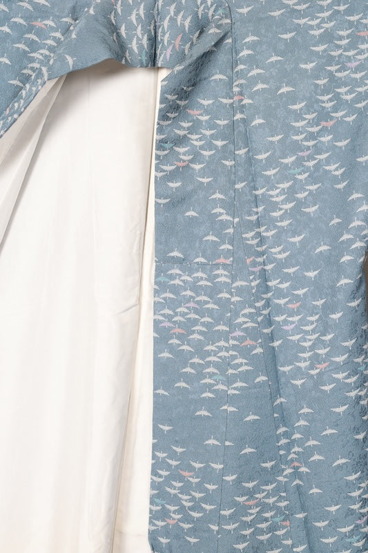 Komon (Japan used kimono) - Navy blue, wisteria, gray, purple, brick, bird pattern. R203