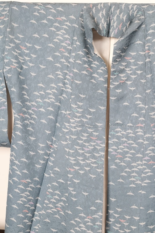 Komon (Japan used kimono) - Navy blue, wisteria, gray, purple, brick, bird pattern. R203