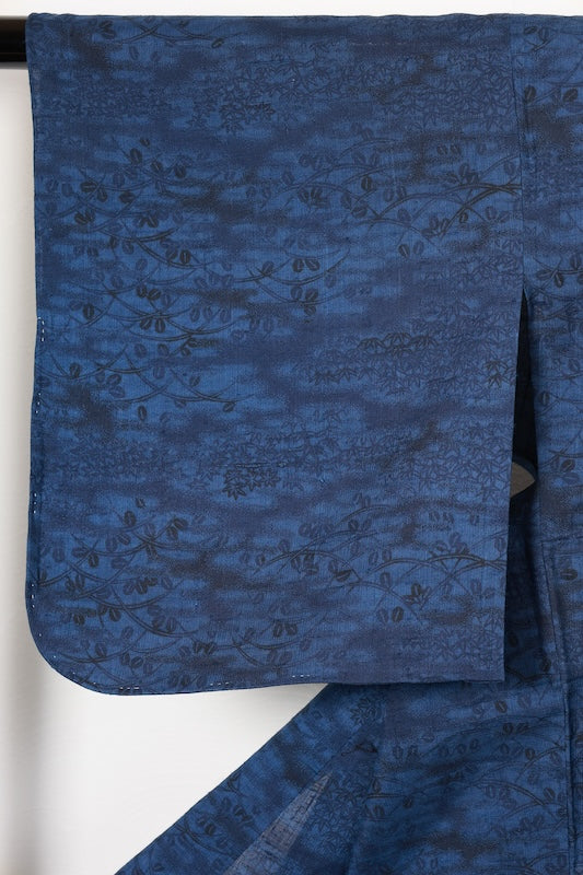 Japan kimono, brand new, unused, varying shades of indigo, Tokushima natural indigo, floral pattern, hand-spun,  R185