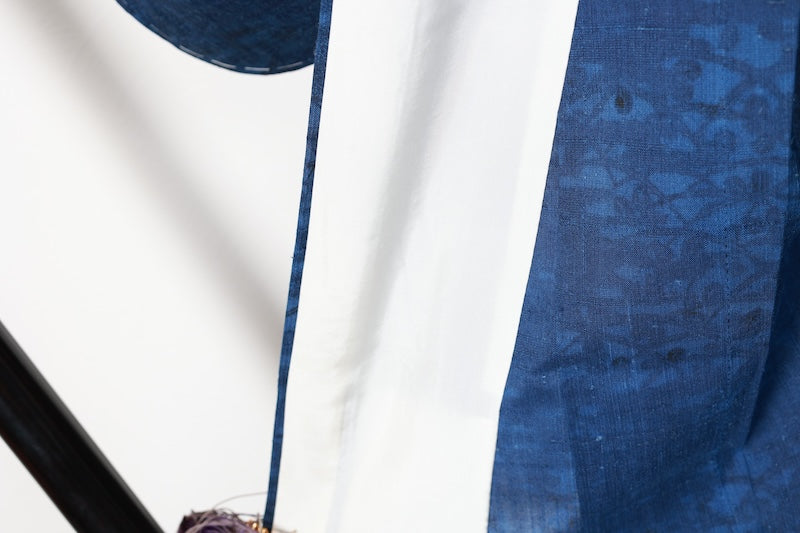 Japan kimono, brand new, unused, varying shades of indigo, Tokushima natural indigo, floral pattern, hand-spun,  R185