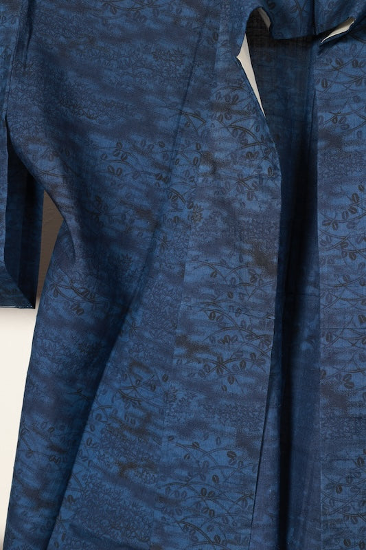 Japan kimono, brand new, unused, varying shades of indigo, Tokushima natural indigo, floral pattern, hand-spun,  R185