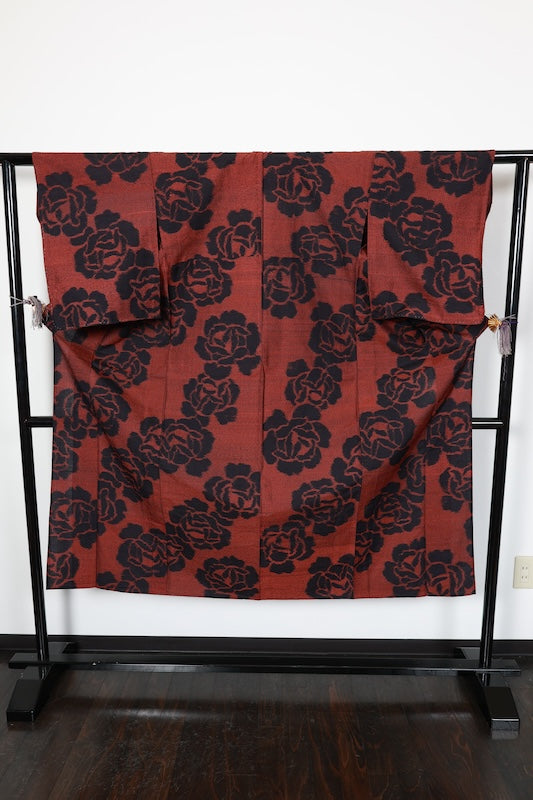 Tsumugi silk(used kimono) fabric, black, orange, rose pattern, handwoven. R176
