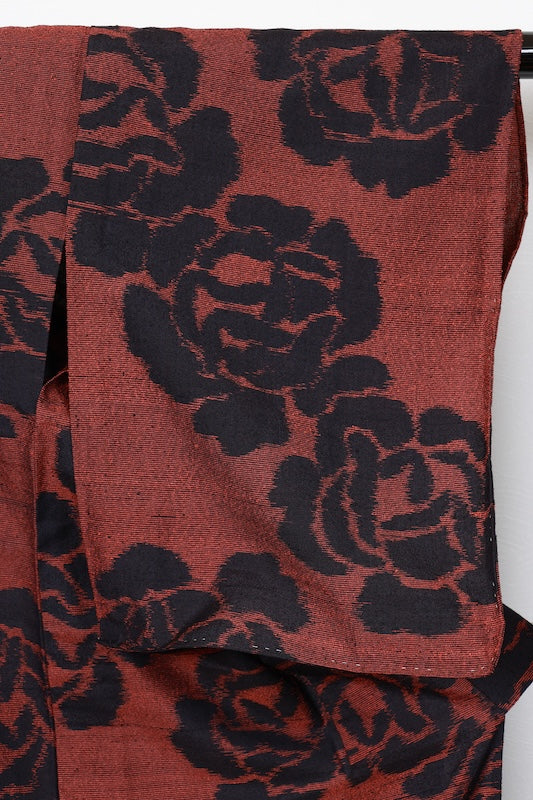 Tsumugi silk(used kimono) fabric, black, orange, rose pattern, handwoven. R176