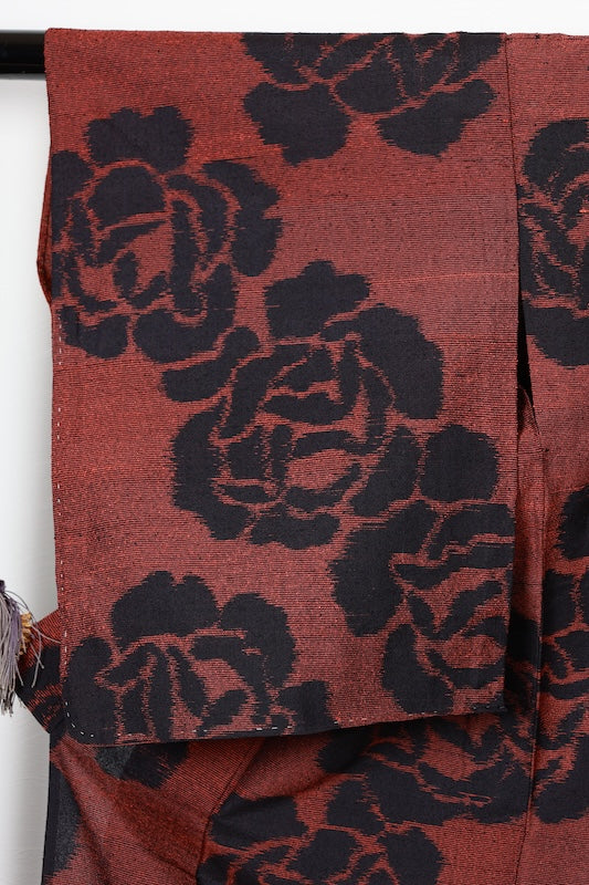 Tsumugi silk(used kimono) fabric, black, orange, rose pattern, handwoven. R176