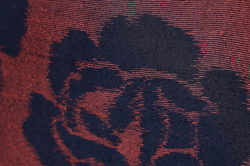 Tsumugi silk(used kimono) fabric, black, orange, rose pattern, handwoven. R176