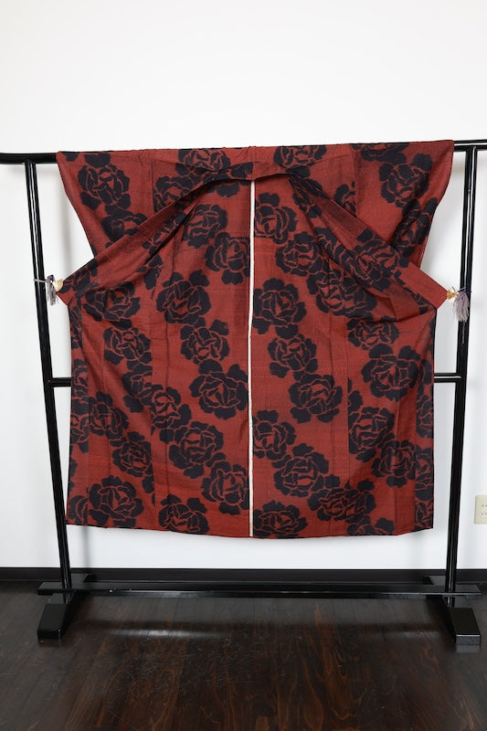 Tsumugi silk(used kimono) fabric, black, orange, rose pattern, handwoven. R176