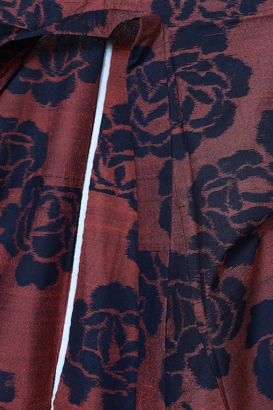 Tsumugi silk(used kimono) fabric, black, orange, rose pattern, handwoven. R176