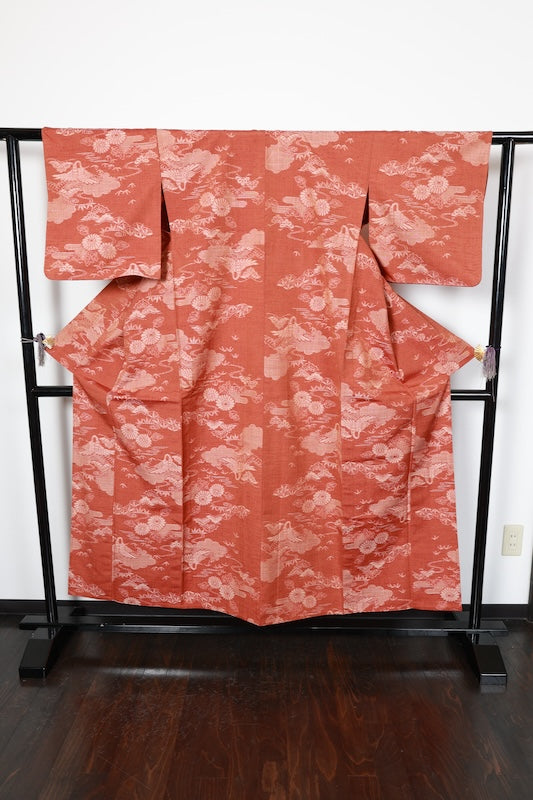 Tsumugi(Japan used kimono) silk fabric, brown and beige, floral and cloud pattern, handwoven, R186