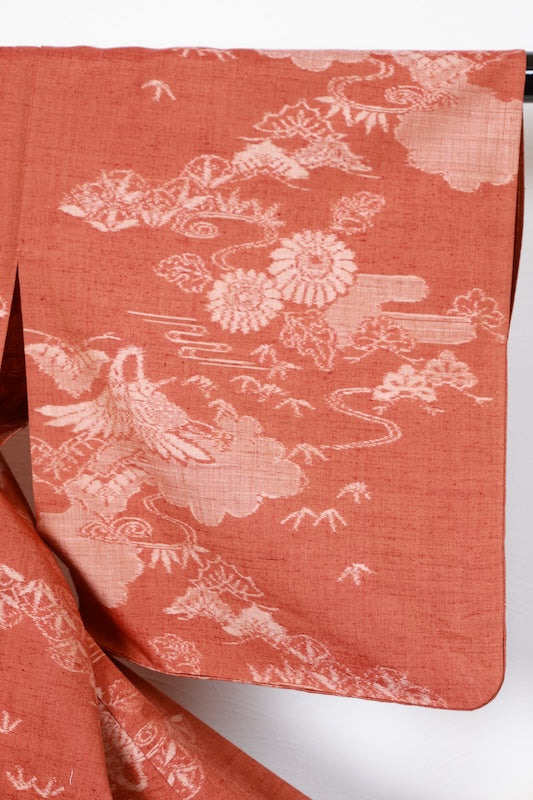 Tsumugi(Japan used kimono) silk fabric, brown and beige, floral and cloud pattern, handwoven, R186