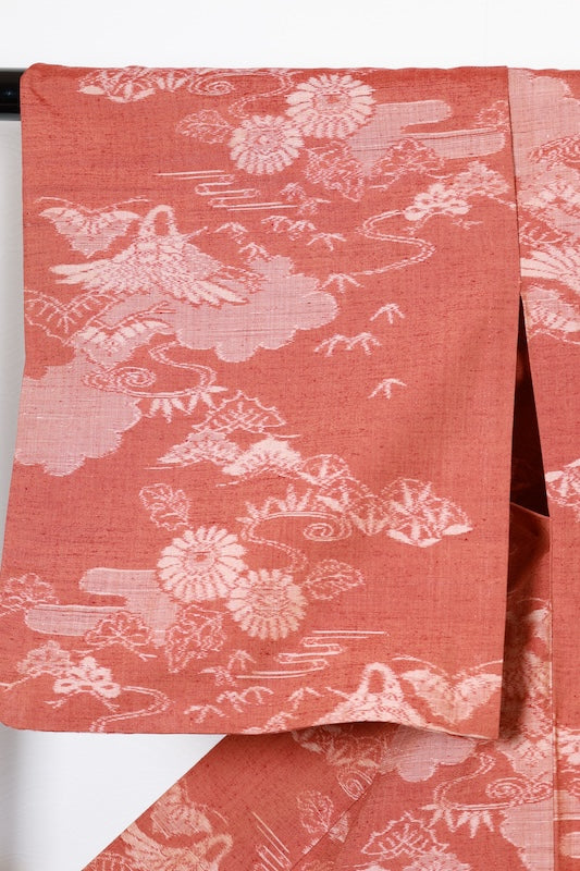 Tsumugi(Japan used kimono) silk fabric, brown and beige, floral and cloud pattern, handwoven, R186