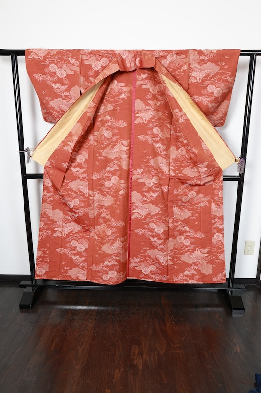 Tsumugi(Japan used kimono) silk fabric, brown and beige, floral and cloud pattern, handwoven, R186